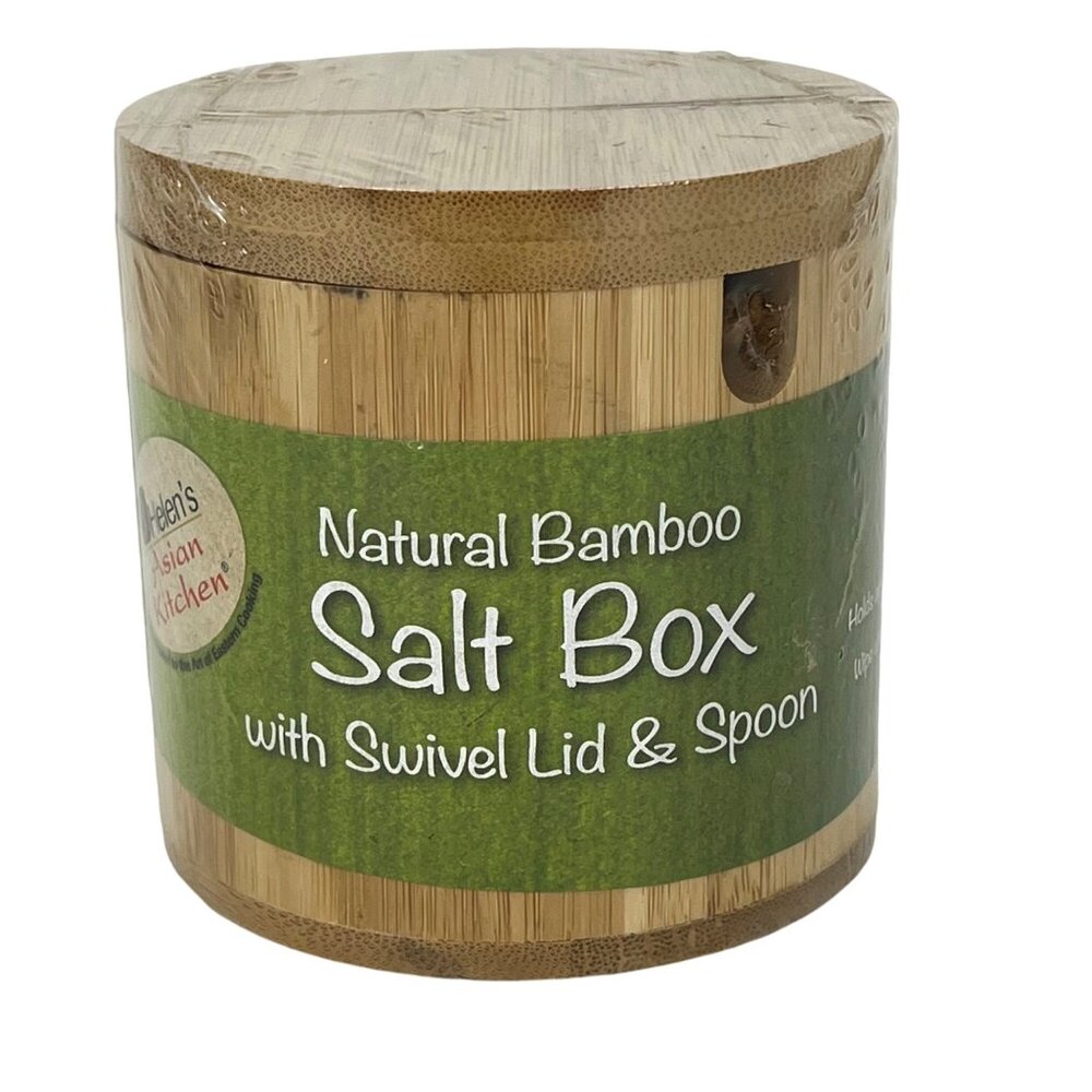 Natural Bamboo Round Salt Box with Swivel Lid & Spoon